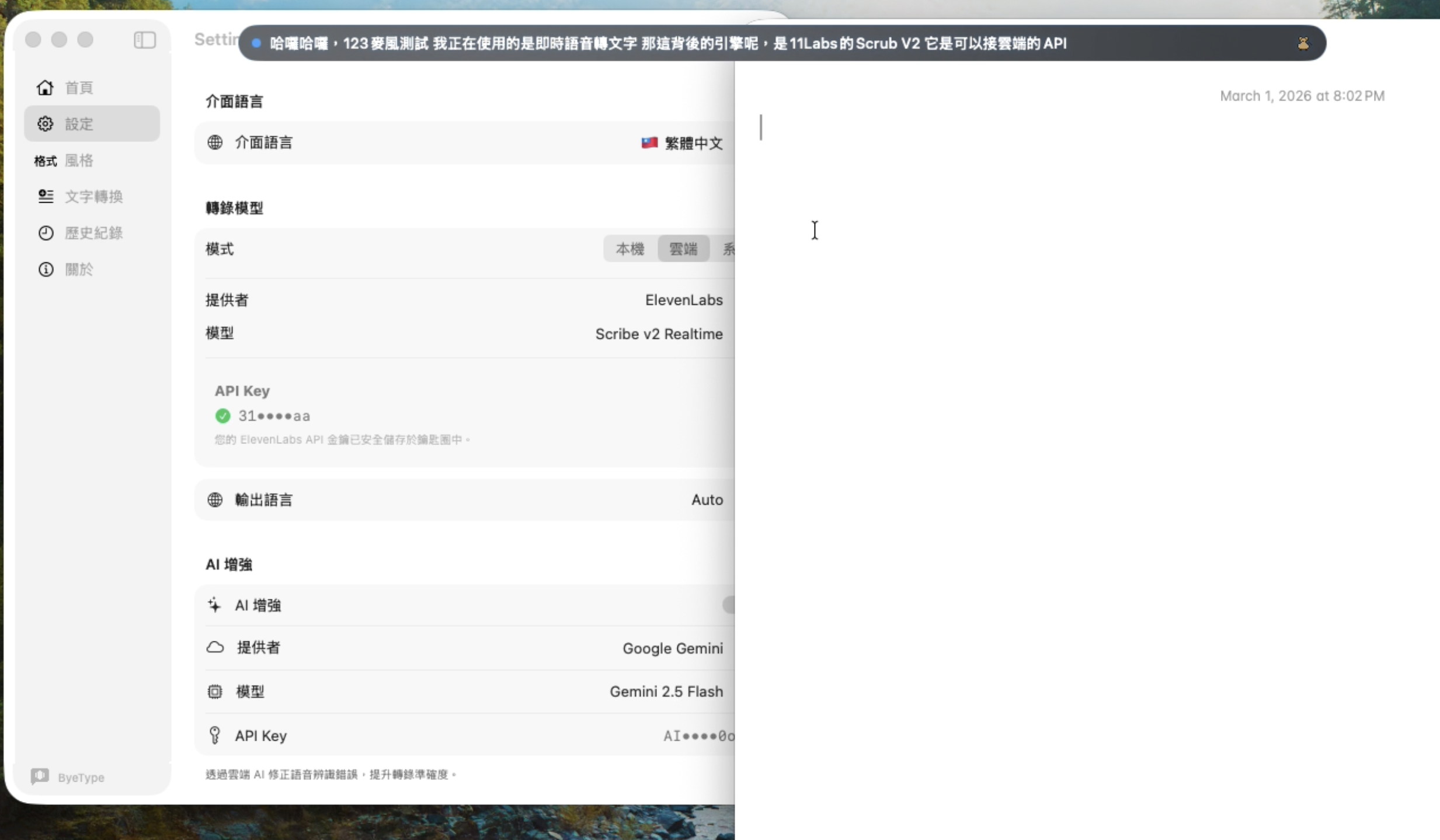 ByeType 設定頁面搭配即時浮動字幕